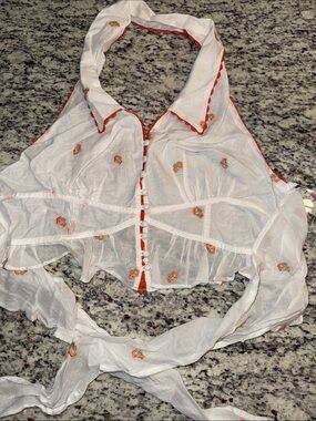 Free People  White Halter Top with Orange Embroidery